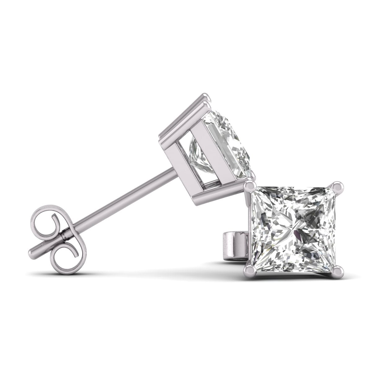 Princess Cut Lab Grown Diamond Solitaire Stud Earrings with Basket Setting Pushbacks