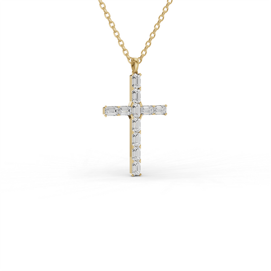 Emerald Cut Lab Grown Diamond Cross Pendant Prong Setting lab-grown diamond necklace IGI certified 14K gold